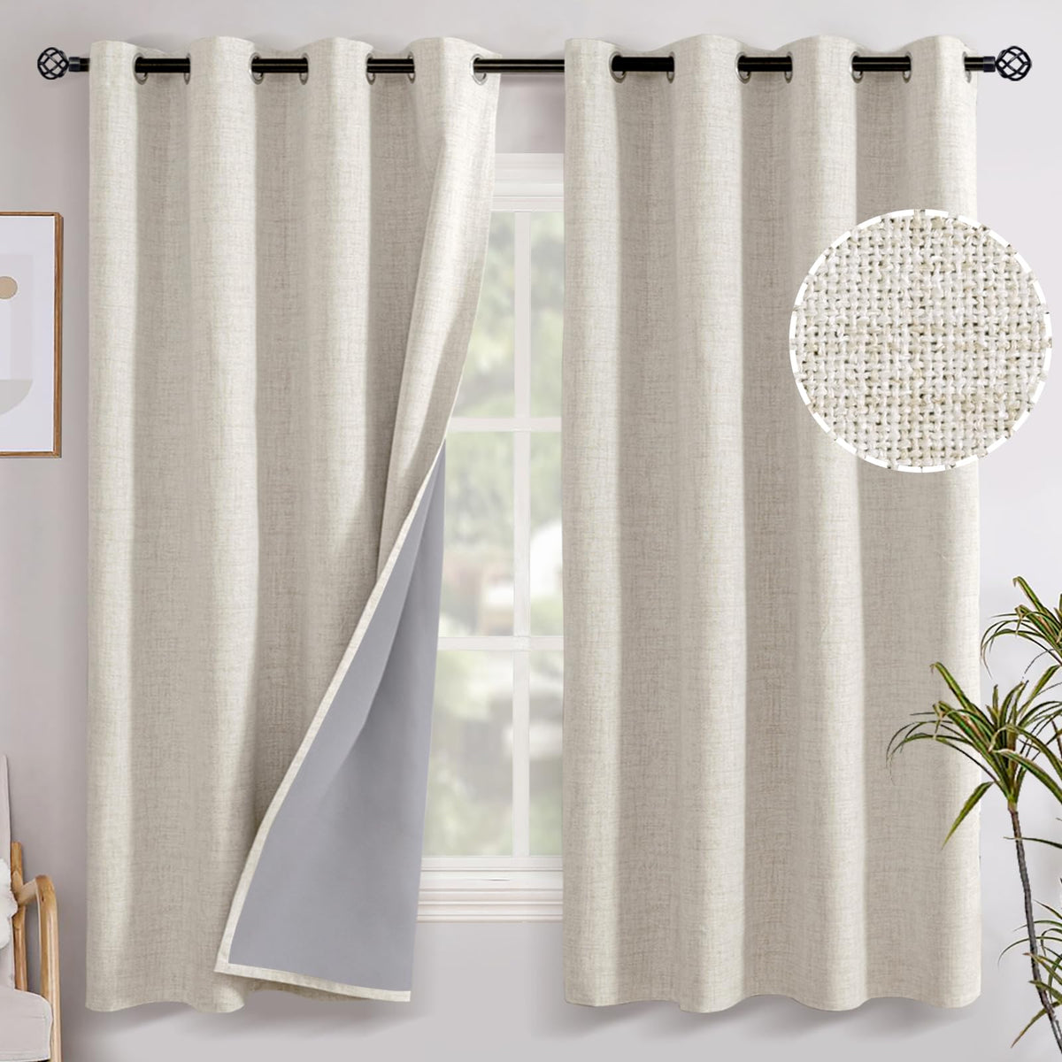 YoungsTex Linen Blackout Curtains 63 Inch Length Bedroom Beige Darkening