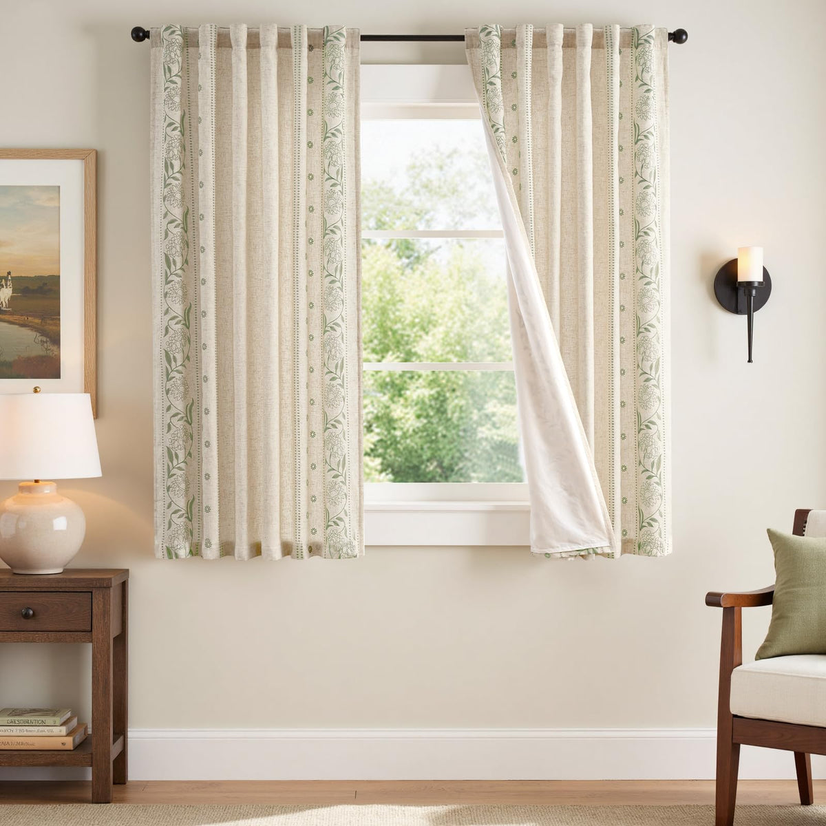 jinchan Sage Floral Linen Curtains for Living Room 84" Back Tab 2 Panels
