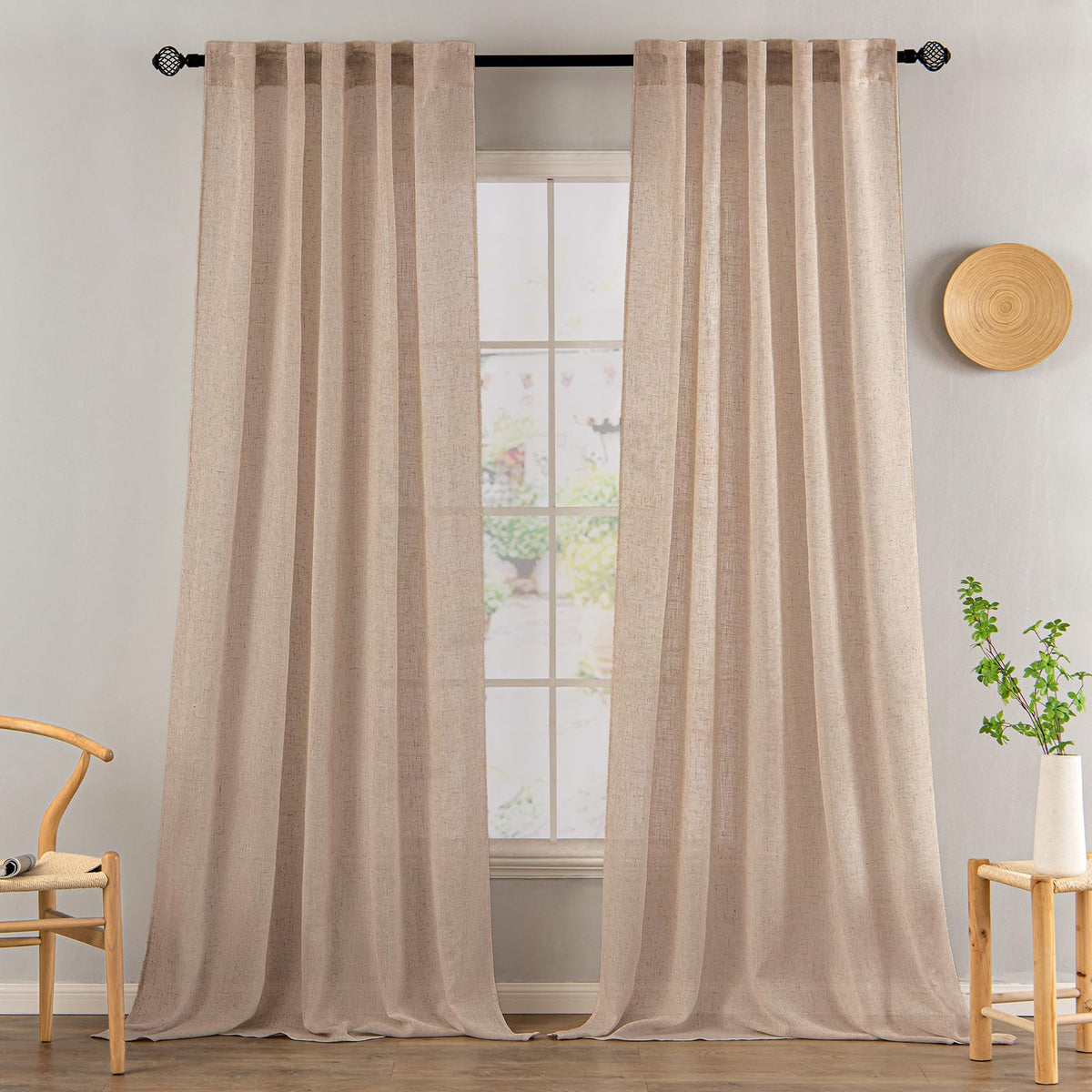 MIULEE Natural White Linen Curtains 52x90 Inch Long 2 Panels for Bedroom