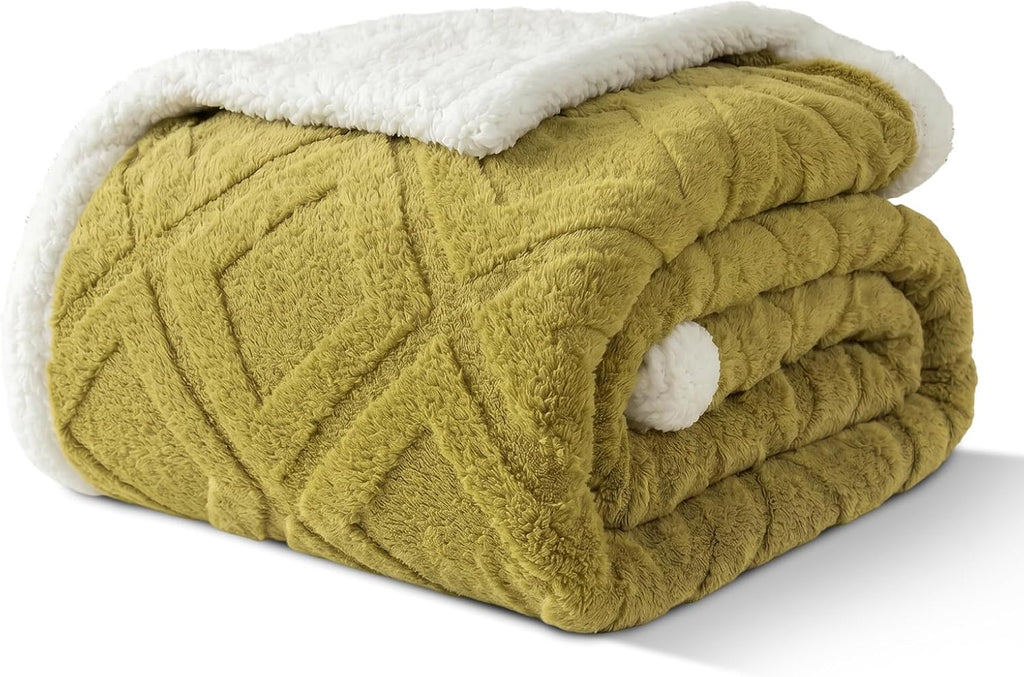 Sherpa Throw Blanket for Couch, and Bed, Queen 90"x90", Mustard