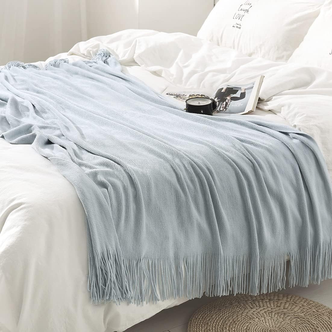 Homiest Pale Blue Knitted Throw Blanket with Fringe, 50x60 Inch