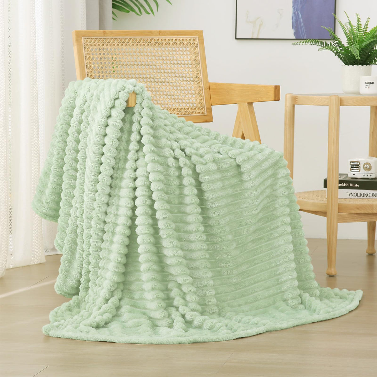 Sage Green Fleece Throw Blanket 50”×60” for Couch Sofa Livingroom