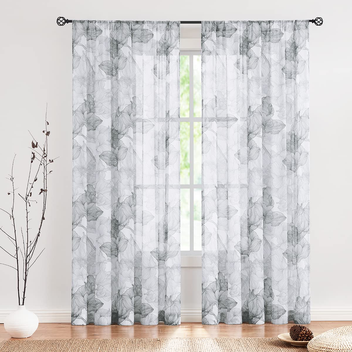 White Black Buffalo Check Curtains with PomPoms 45" SemiSheer Country Plaid