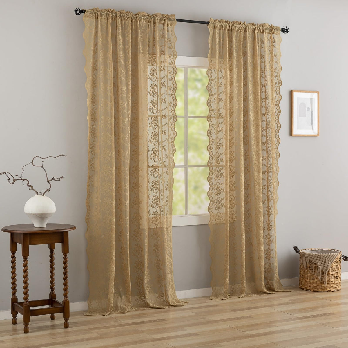 YJ YANJUN Vintage Lace Curtains 84 Inches Long-Victorian Floral Pattern Ivory Sheer Curtain Panels for Living Room Bedroom French Door, Light Filtering Drapes, 2 Panels 52W x 84L Cream