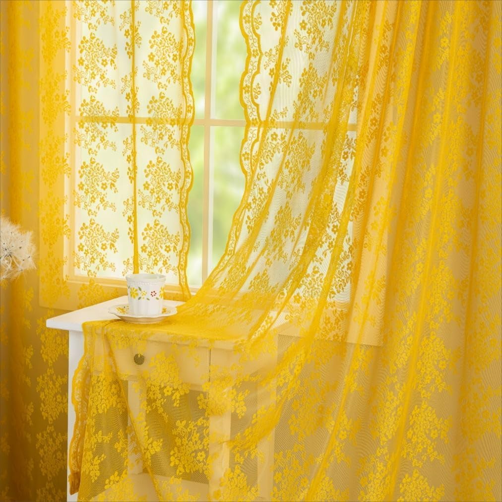 YJ YANJUN Vintage Lace Curtains 84 Inches Long-Victorian Floral Pattern Ivory Sheer Curtain Panels for Living Room Bedroom French Door, Light Filtering Drapes, 2 Panels 52W x 84L Cream