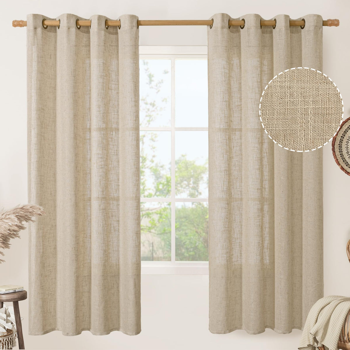 LAMIT Cream Ivory Linen Semi Sheer Curtains 84 inch Length for Bedroom