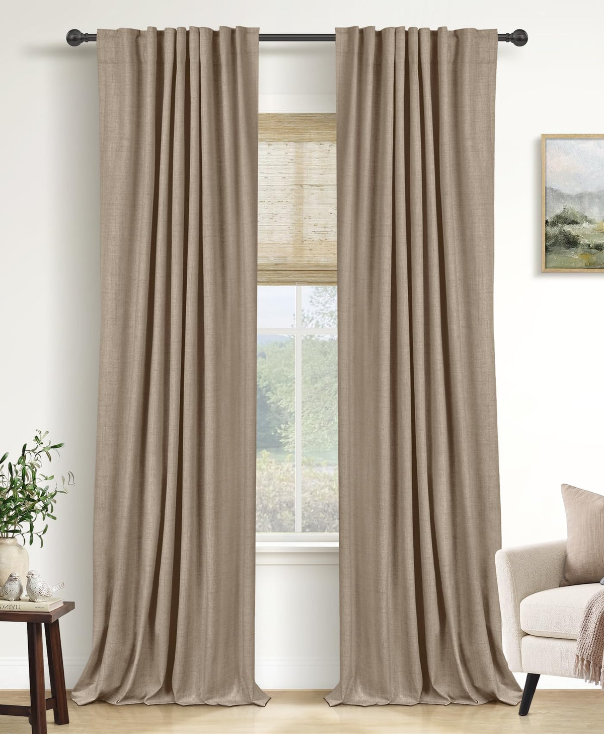 Linen Total Blackout Curtains for Bedroom Living Room 84 Inch, Cream