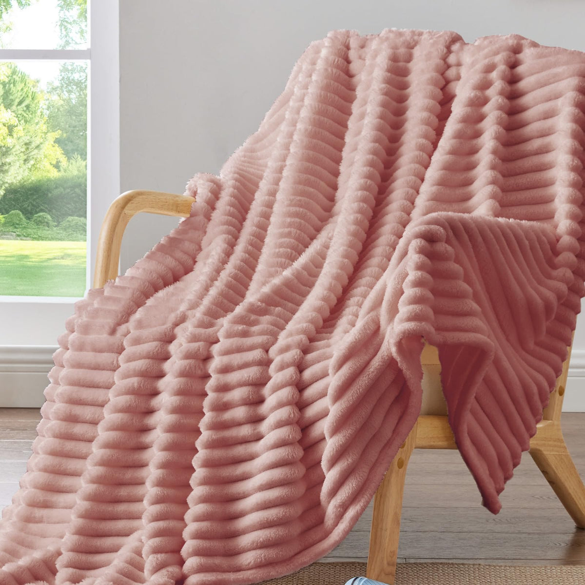 BEDELITE Ribbed Fleece Throw Blanket for Couch, Cream, 50"x60"