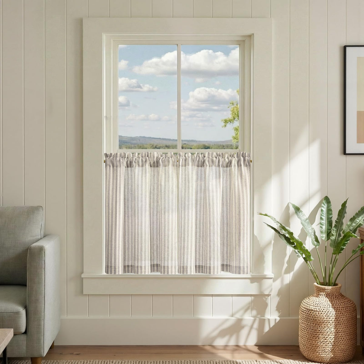 jinchan Striped Linen Kitchen Curtains 36 Inches Length Tier Curtains Farmhouse Modern Cafe Style Small Window Treatments Airy Light Filtering Rod Pocket for Living Room Bathroom 2 Panels Sage Green