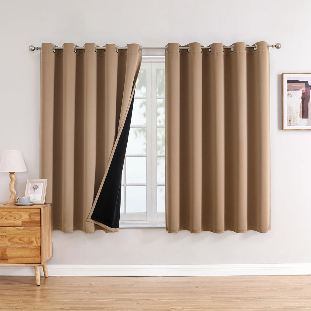 ChrisDowa 100% Blackout Curtains for Bedroom 63 Inch Long with Black Liner