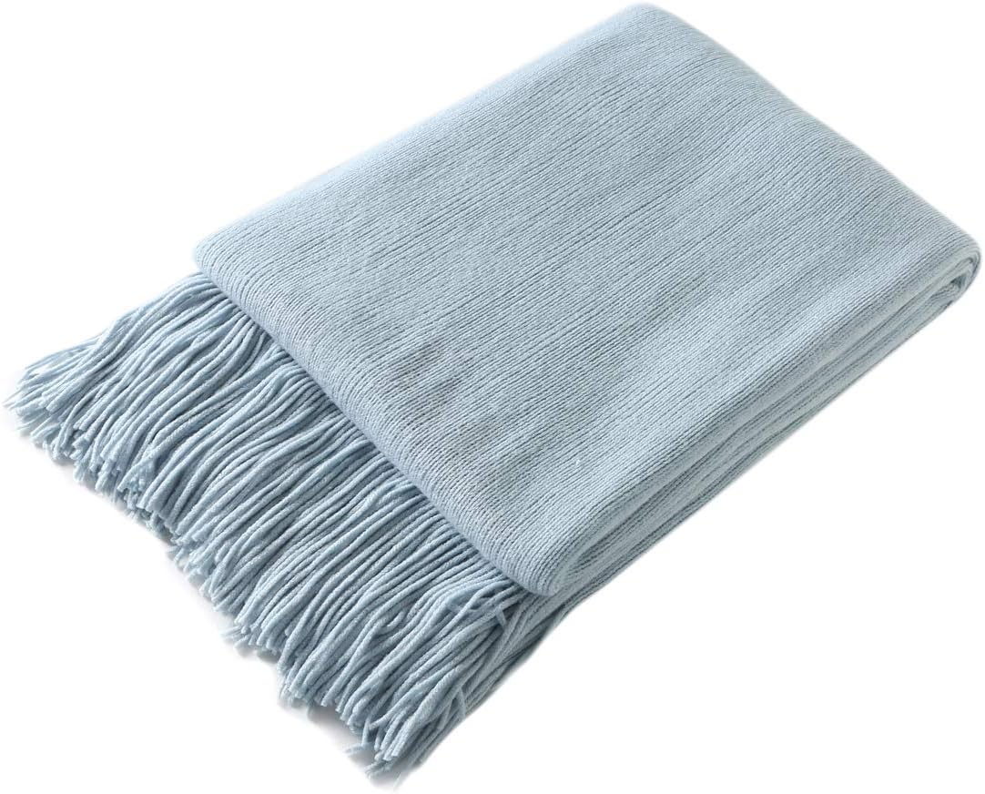 Homiest Pale Blue Knitted Throw Blanket with Fringe, 50x60 Inch