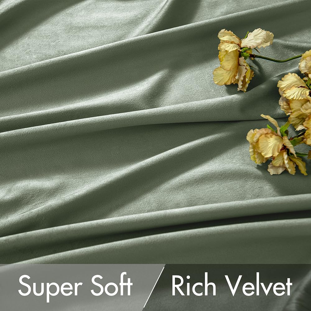 MIULEE Sage Green Velvet Pinch Pleat Blackout Curtains W52 X L108 Inches