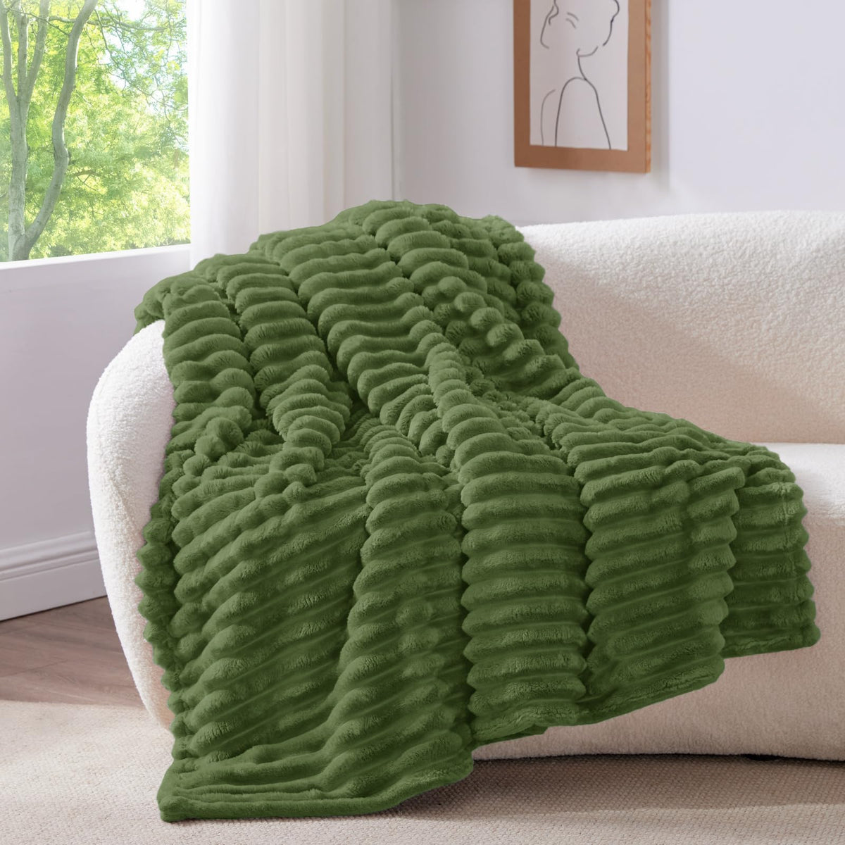 BEDELITE Ribbed Fleece Throw Blanket for Couch, Cream, 50"x60"