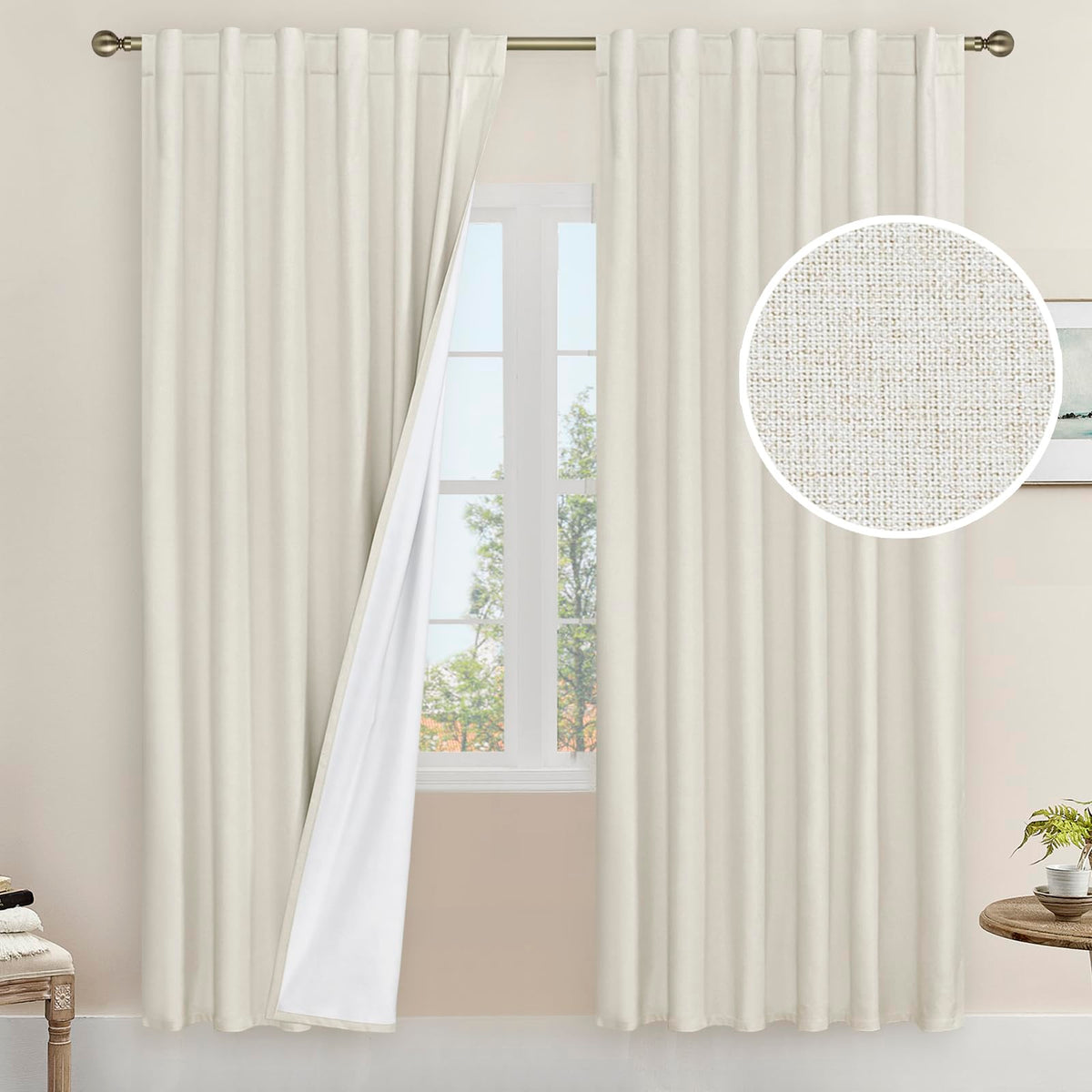 LAMIT 100% Blackout Short Linen Curtains for Cafe 40 Inch Length, Ivory