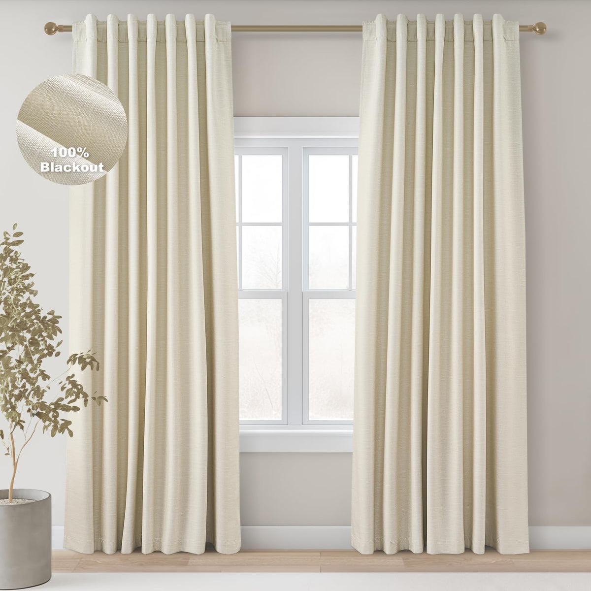 Topfinel Linen Blackout Curtains 96 Inch Long, Boho Farmhouse Ivory Birch Viral Drapes Pinch Pleated Curtains with Hooks for Living Room, Neutral 8 FT Back Tab Bedroom Curtains 52" X 96" 2 Panels