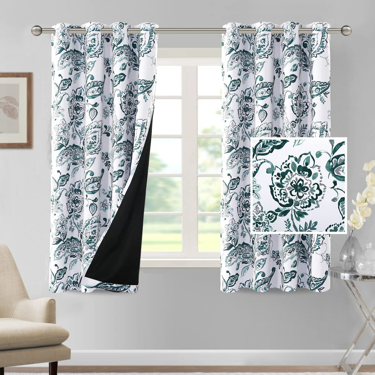 H.VERSAILTEX 100% Blackout Curtains 84 inch Length 2 Panels Set Cattleya Floral Printed Drapes Leah Floral Thermal Curtains for Bedroom with Black Liner Sound Proof Curtains, Grey and Taupe