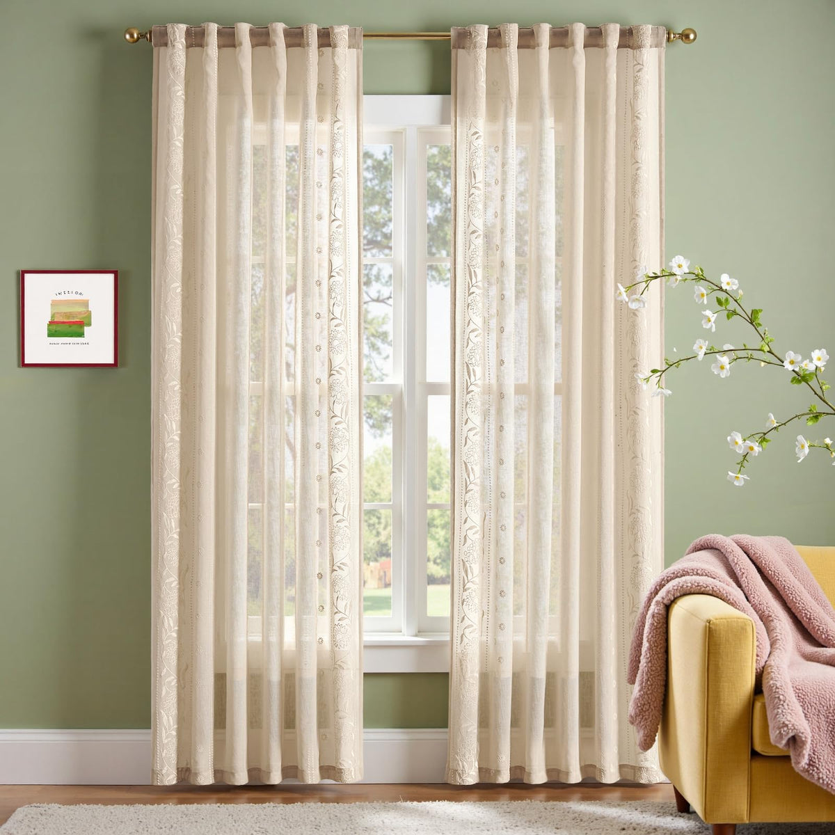jinchan Sage Floral Linen Curtains for Living Room 84" Back Tab 2 Panels