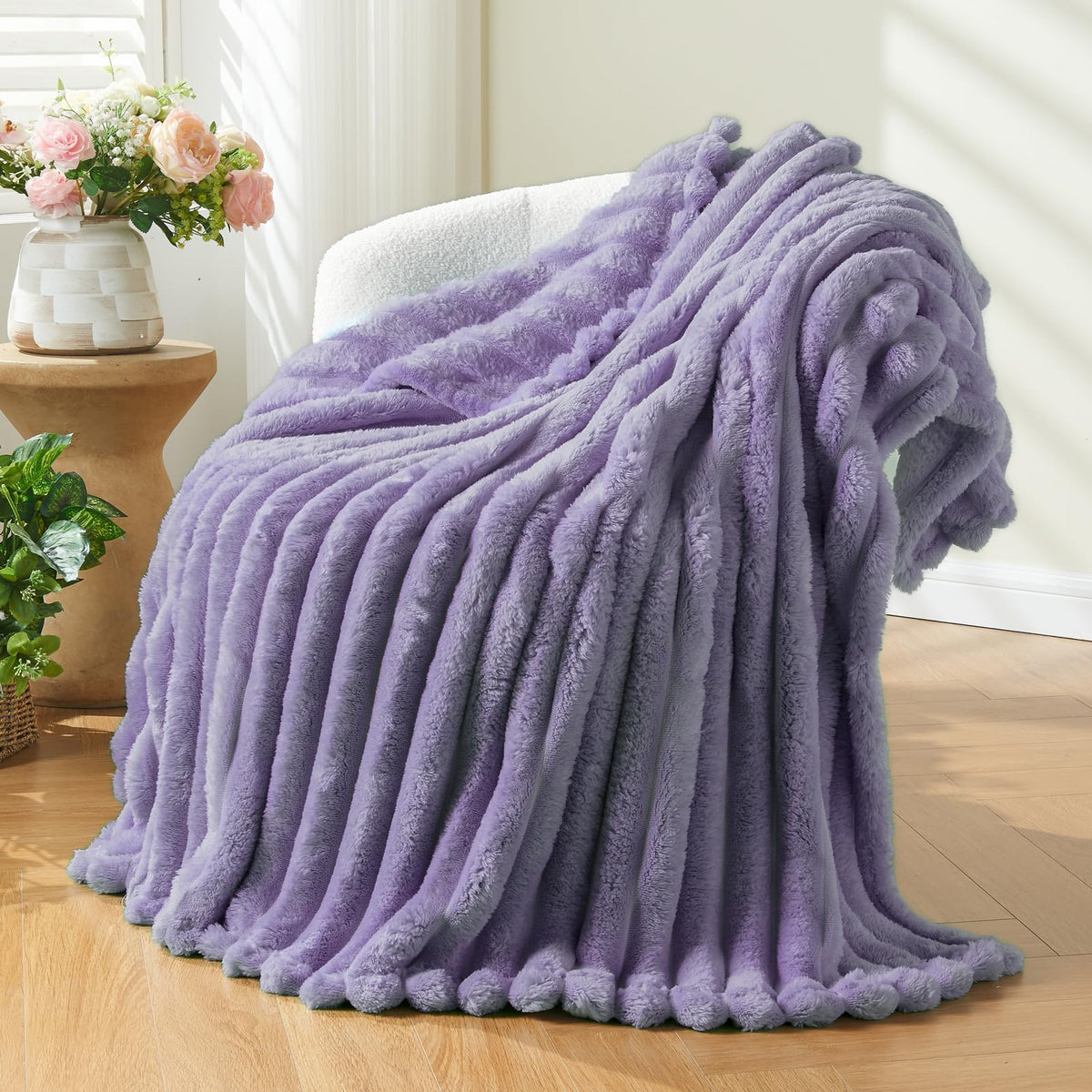 NEWCOSPLAY Fleece Ribbed Cozy Throw Blanket for Couch, Pink, 50"x60"