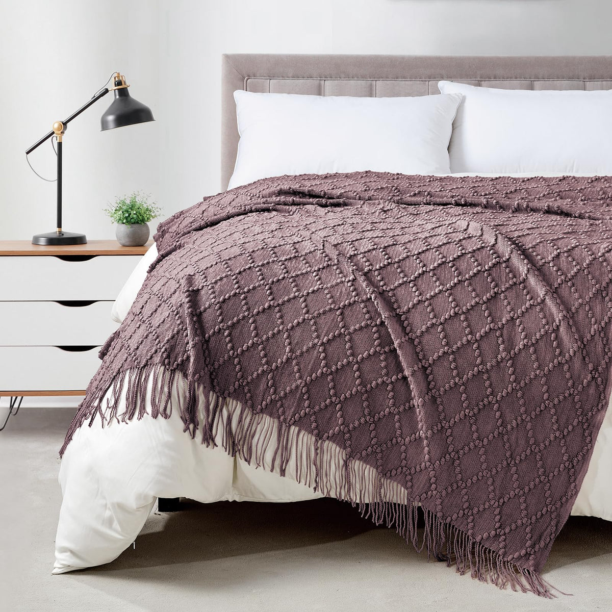 BOURINA Beige Throw Blanket 50x60 Inch Boho Knitted Soft Throw Sofa Blanket