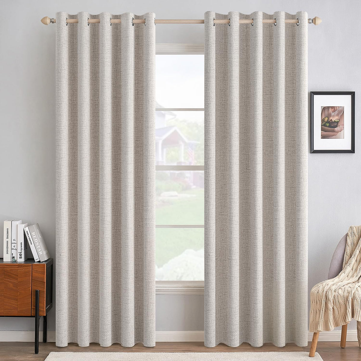 MIULEE 100% Blackout Linen Curtains for Bedroom 52x84 Inches Natural Beige