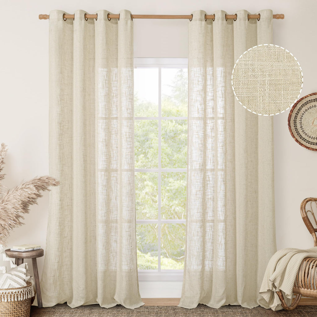 LAMIT Cream Ivory Linen Semi Sheer Curtains 84 inch Length for Bedroom
