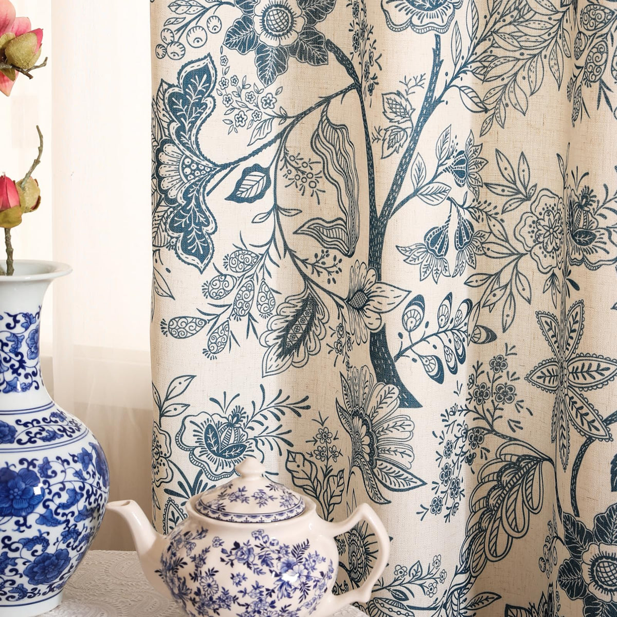 ISAENNE Designer French Linen Printed Curtains,2 Panels,71"x53"-Cornucopi