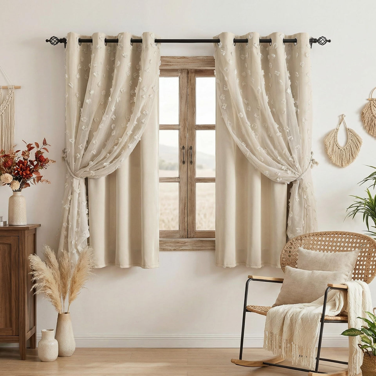 MYSKY HOME Beige Boho Curtains for Living Room 84 Inches Long Blackout Bohemian Curtains 2 Panels Beige Pom Pom Sheer Thermal Insulated Rustic Grommet Privacy Room Darkening Window Drapes 52" x 84"