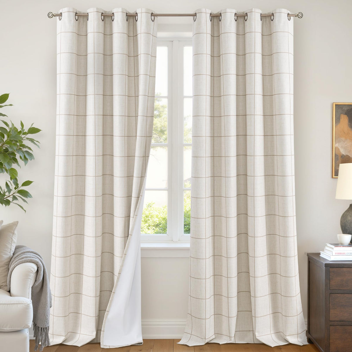 Lajode Linen Blackout Curtains - Boho Plaid 52x84 Inch 2 Panels, Natural