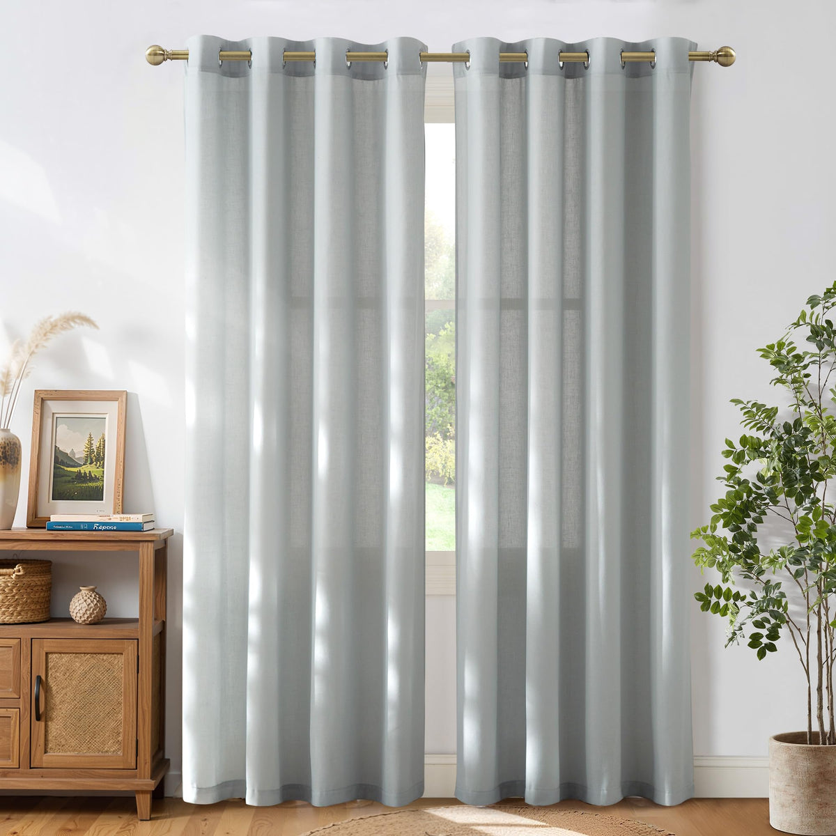 NICETOWN Natural Linen Curtains 84 inch Long 2 Panels Set, Grommet Top Thick Linen Burlap Semi Sheer Vertical Drapes Privacy Assured with Light Filtering for Bedroom/Living Room, W55 x L84