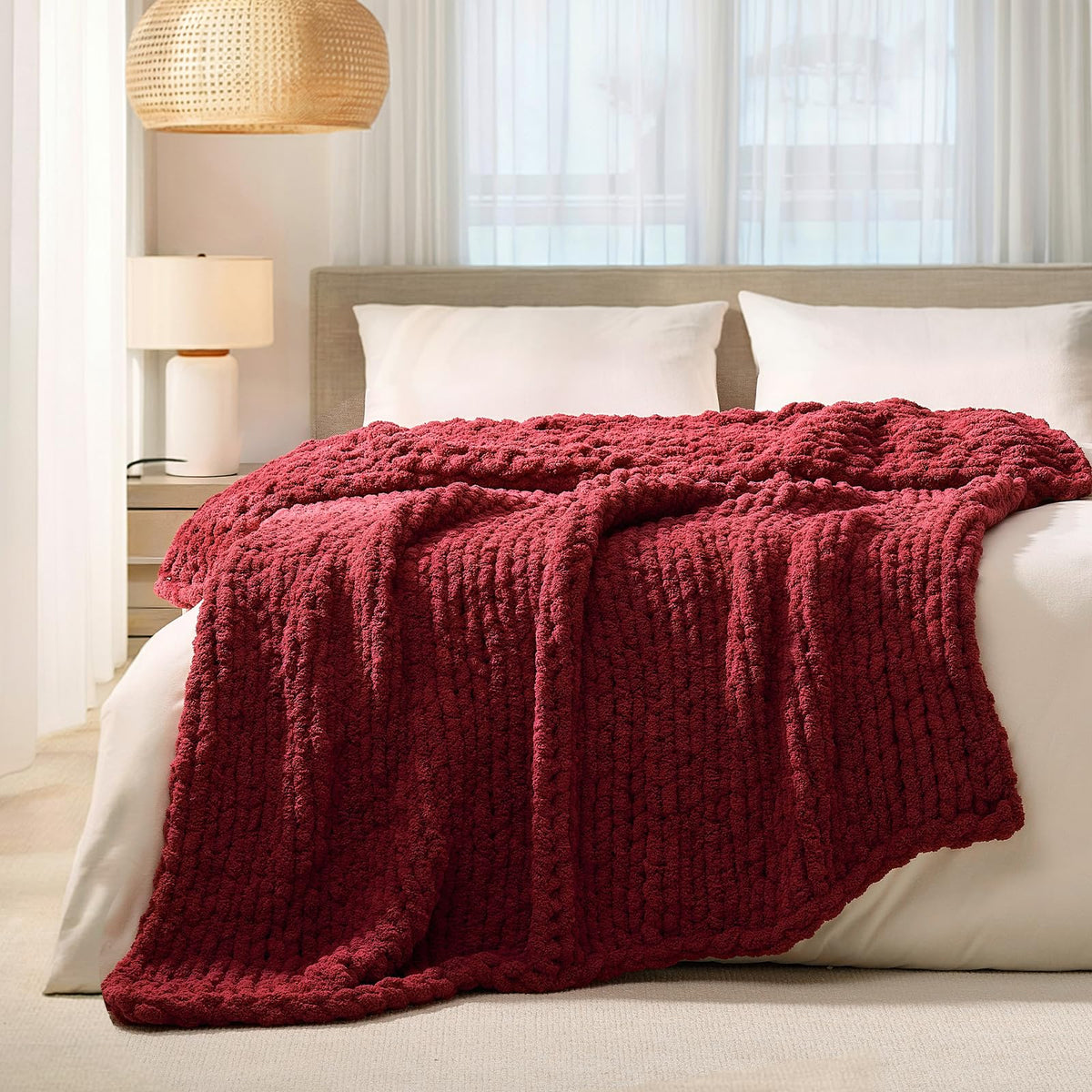L'AGRATY Chunky Knit Throw Blanket for Couch, 50'' x 60'' Knit Throw, Ivory