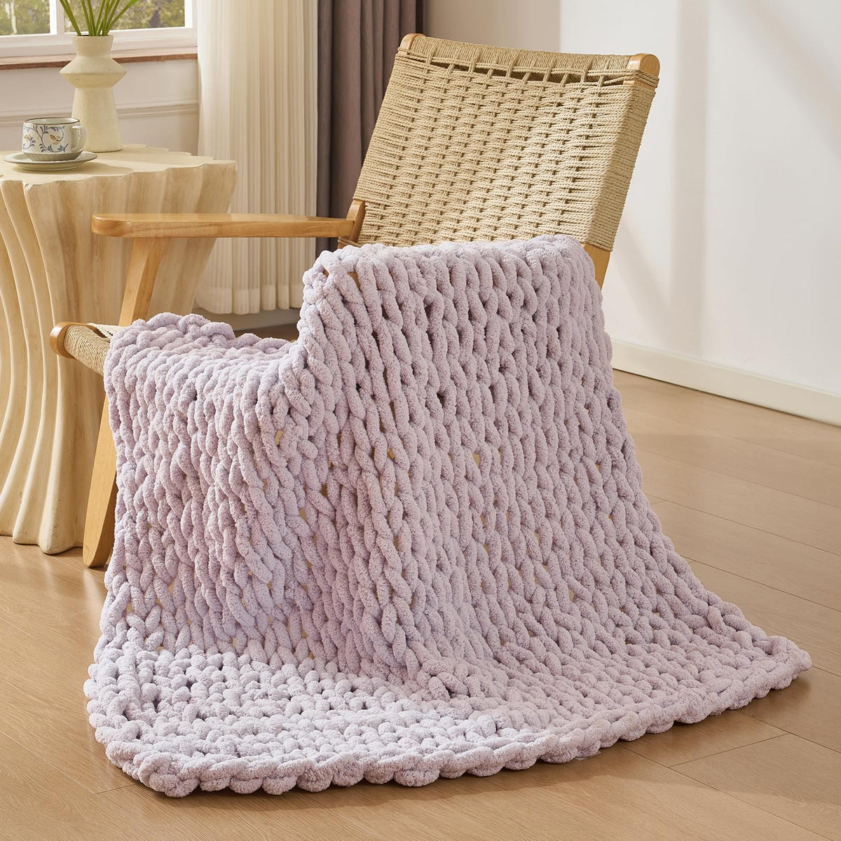 Bigacogo Chunky Knit Throw Blanket for Couch, 40x60 inches, Beige