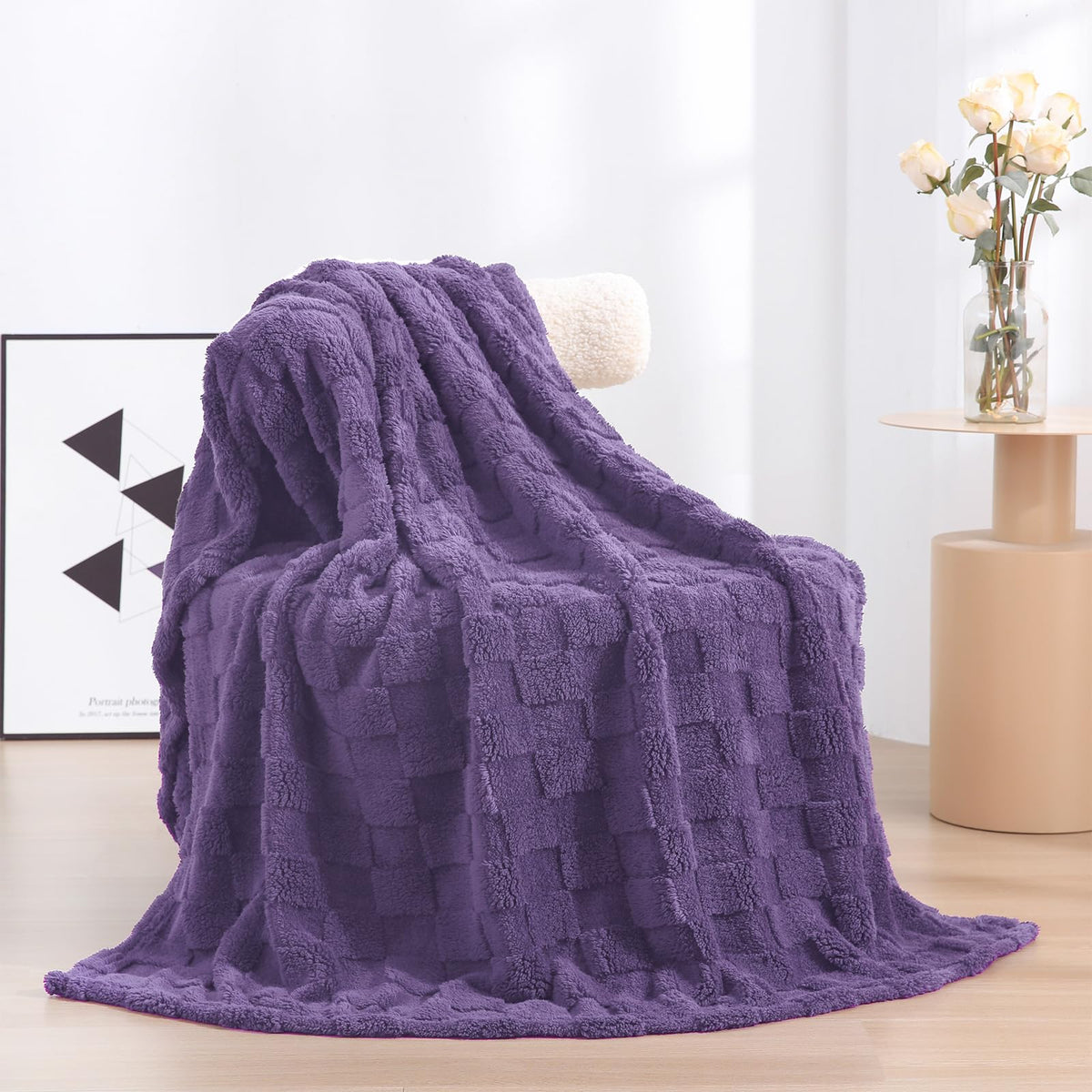 Deep Purple Fleece Throw Blanket 50”×60”Checkered Design for Couch