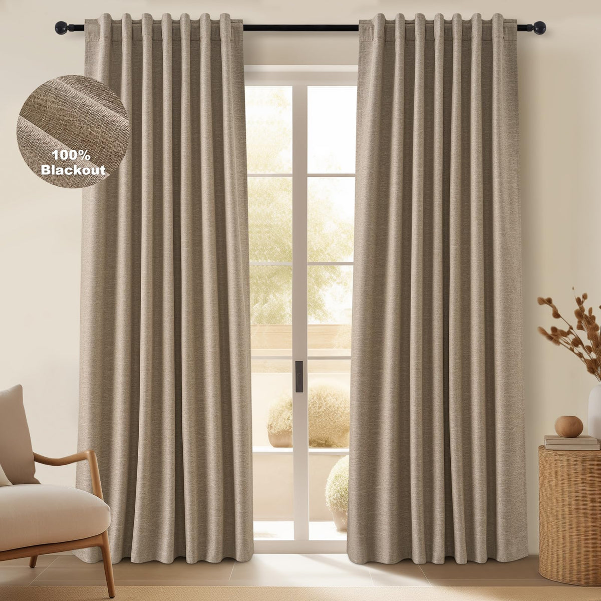 Topfinel Linen Blackout Curtains 96 Inch Long, Boho Farmhouse Ivory Birch Viral Drapes Pinch Pleated Curtains with Hooks for Living Room, Neutral 8 FT Back Tab Bedroom Curtains 52" X 96" 2 Panels