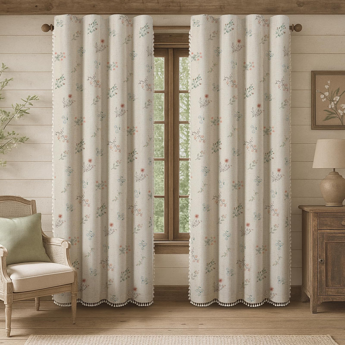 Boho Floral 100% Blackout Curtains 84 Inch 2 Panels Linen Texture