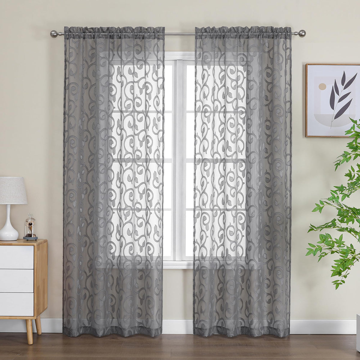 OWENIE Furman Ivory Sheer Curtains 84 inches Long for Bedroom Living Room 2 Panels Set, Jacquard Clip Light Filtering Semi Sheer Curtain Rod Pocket Window Drapes, 2 Pcs Each 40 W 84 L