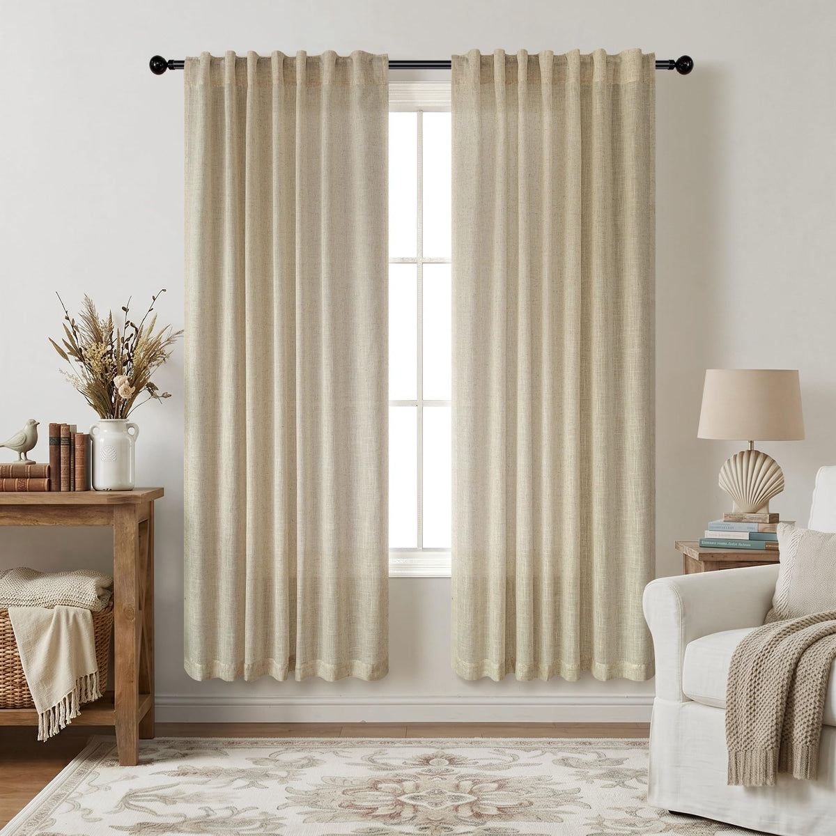 Natural Linen Back Tab Curtains 84 Inch Length for Living Room 2 Panel Pocket Drape Light Filtering Semi Sheer Neutral Country Rustic Farmhouse Boho Curtain Bedroom Muslin Look Ivory Cream Colored