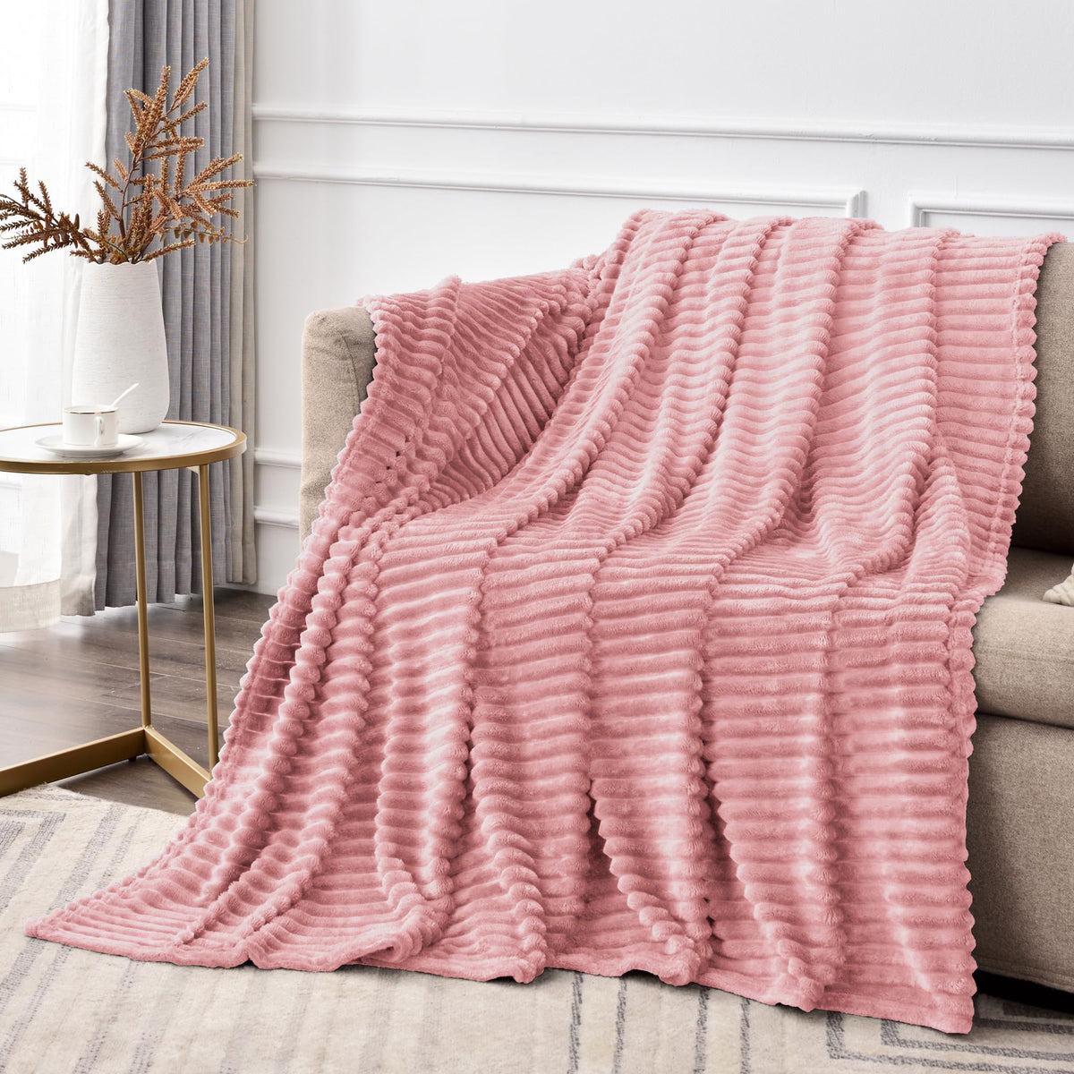 BEDELITE 3D Ribbed Jacquard Pink Fleece Throw Blanket for Couch, 50x60 Inch