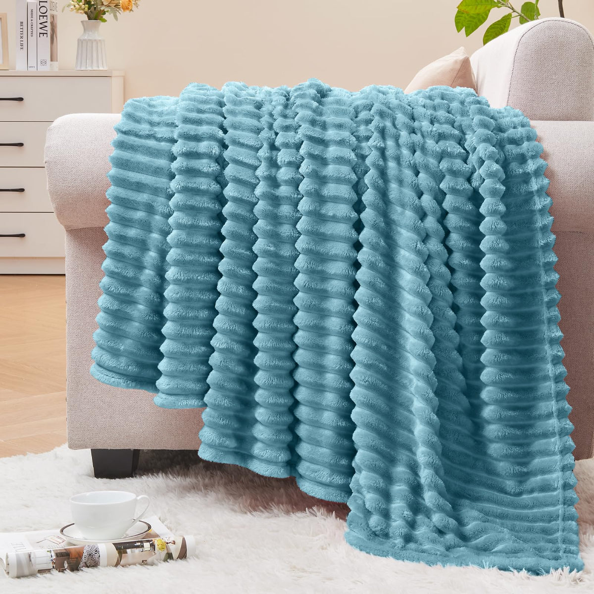 BEDELITE 3D Ribbed Jacquard Pink Fleece Throw Blanket for Couch, 50x60 Inch