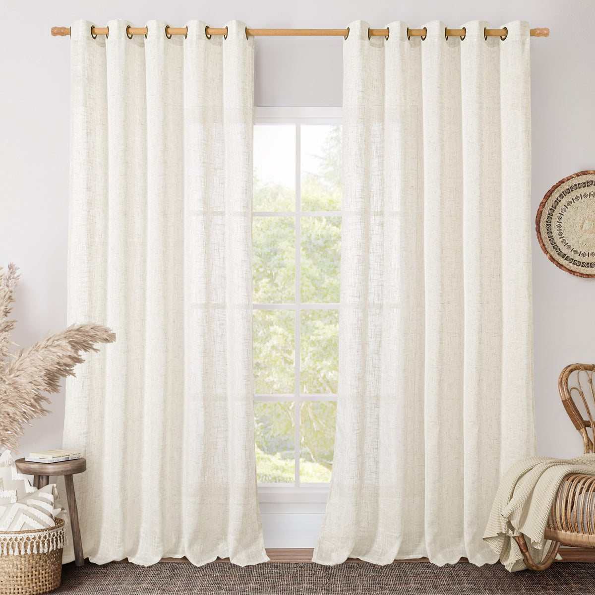 LAMIT Cream Ivory Linen Semi Sheer Curtains 84 inch Length for Bedroom
