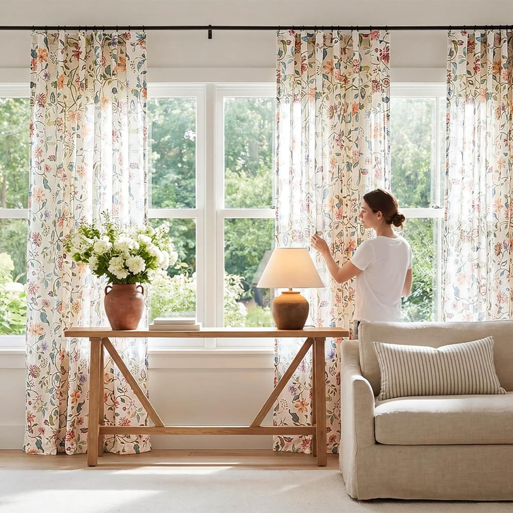 jinchan Beige Floral Linen Curtains 84 Inch Farmhouse Back Tab 2 Panels