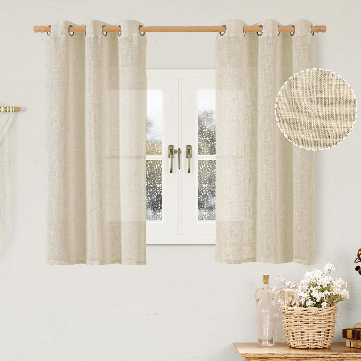 LAMIT Cream Ivory Linen Semi Sheer Curtains 84 inch Length for Bedroom