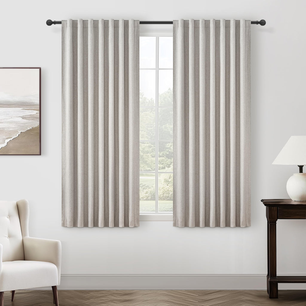 100% Blackout Curtains 84 Inch Length 2 Panels Set Farmhouse Style for Bedroom Windows/Living Room Thermal Insulated Neutral Boho Drapes Linen Blend Natural Ivory 7ft Long Hook Belt Pleated/Back Tab