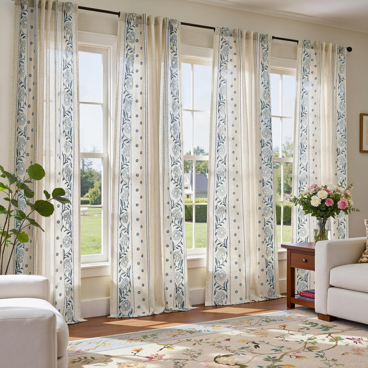 jinchan Sage Floral Linen Curtains for Living Room 84" Back Tab 2 Panels