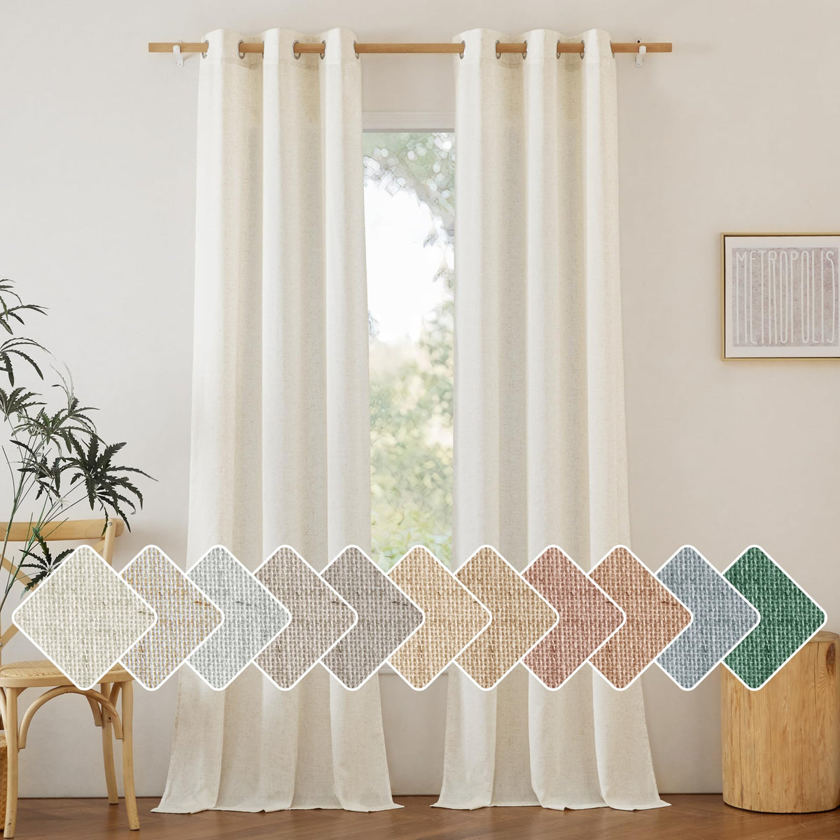 NICETOWN Natural Linen Curtains 84 inch Long 2 Panels Set, Grommet Top Thick Linen Burlap Semi Sheer Vertical Drapes Privacy Assured with Light Filtering for Bedroom/Living Room, W55 x L84