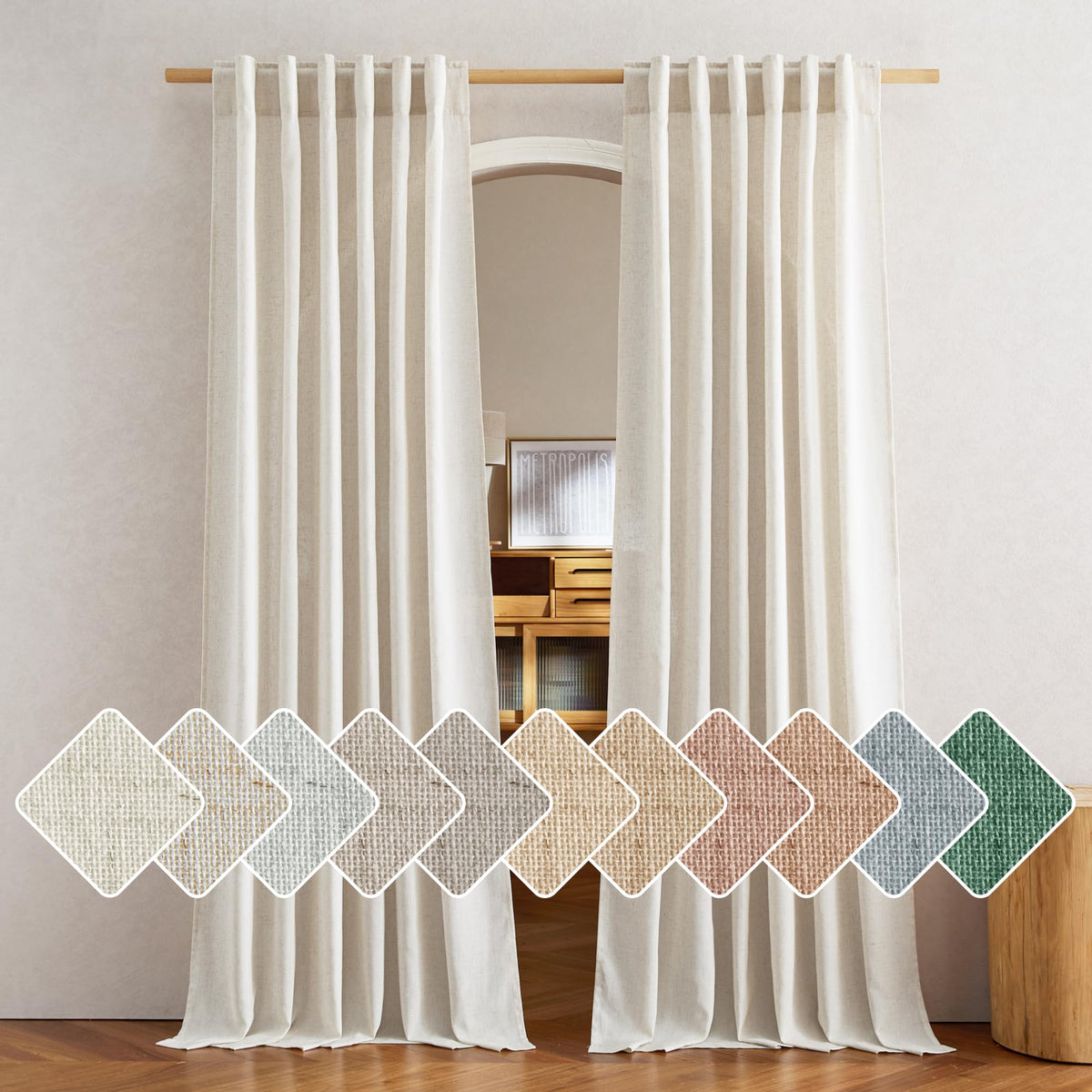 NICETOWN Flax Sheer Linen Curtains for Living Room 95 inch Long 2 Panels, Rod Pocket & Back Tab Semi Sheer Drapes Privacy Added with Light Filtering for Bedroom/Living Room, Natural, W55 x L95