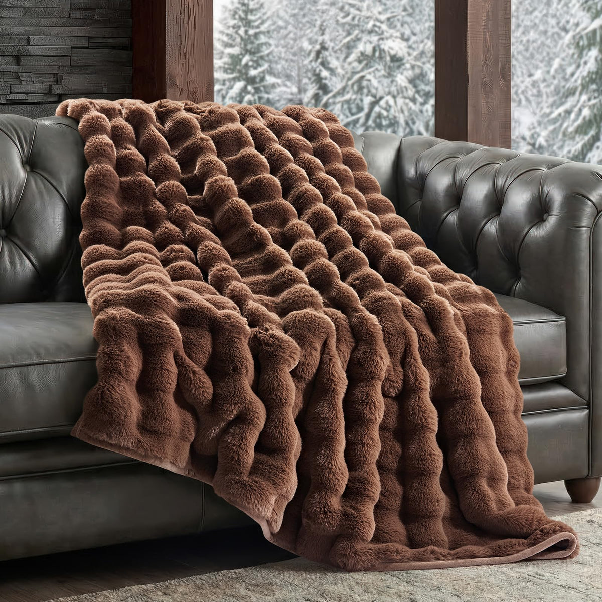 EverGrace Faux Rabbit Fur Bubble Throw Blanket, 60"x80", Ivory White