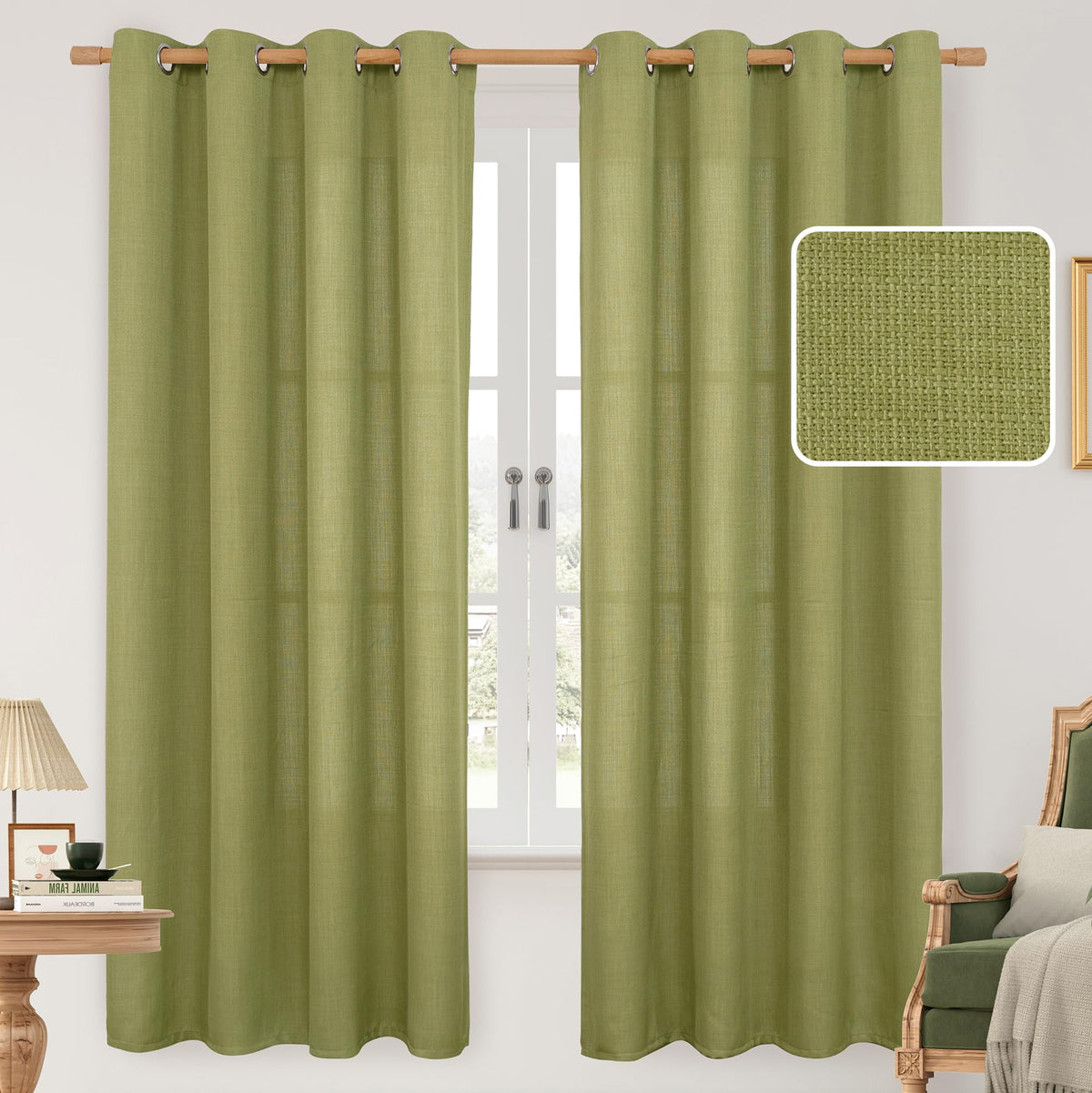 LAMIT Cream Ivory Linen Semi Sheer Curtains 84 inch Length for Bedroom