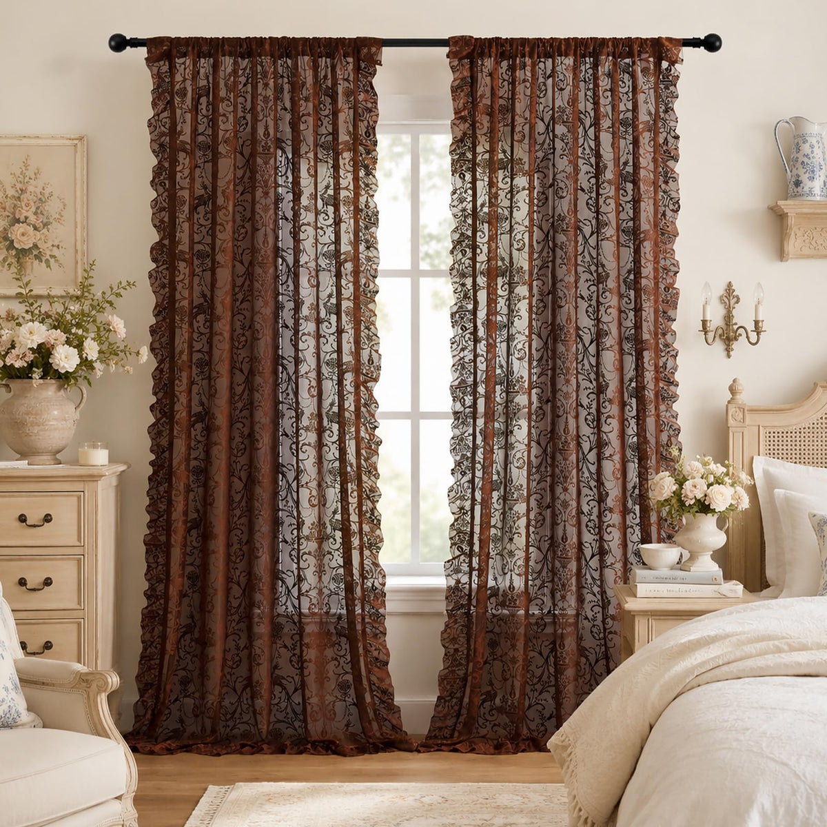 TUDECO Lace Maroon Curtains 96 Inches Long 1 Pair - French Floral Sheer Burgundy Curtains for Living Room, Art Decor Rod Pocket Ruffled Edges Dark Wine Red Drapes, 59 x 96 Inch, Burgundy