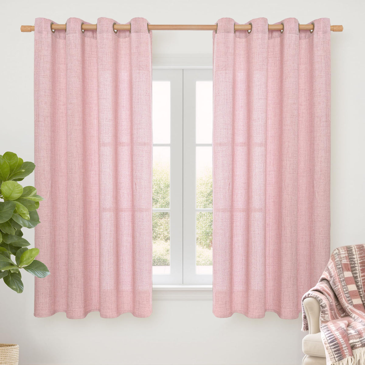 YoungsTex Linen Semi Sheer Curtains 63 Inch Length, Light Filtering Drapes