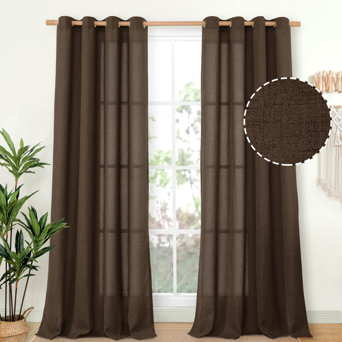 YoungsTex Linen Semi Sheer Curtains 63 Inch Length, Light Filtering Drapes